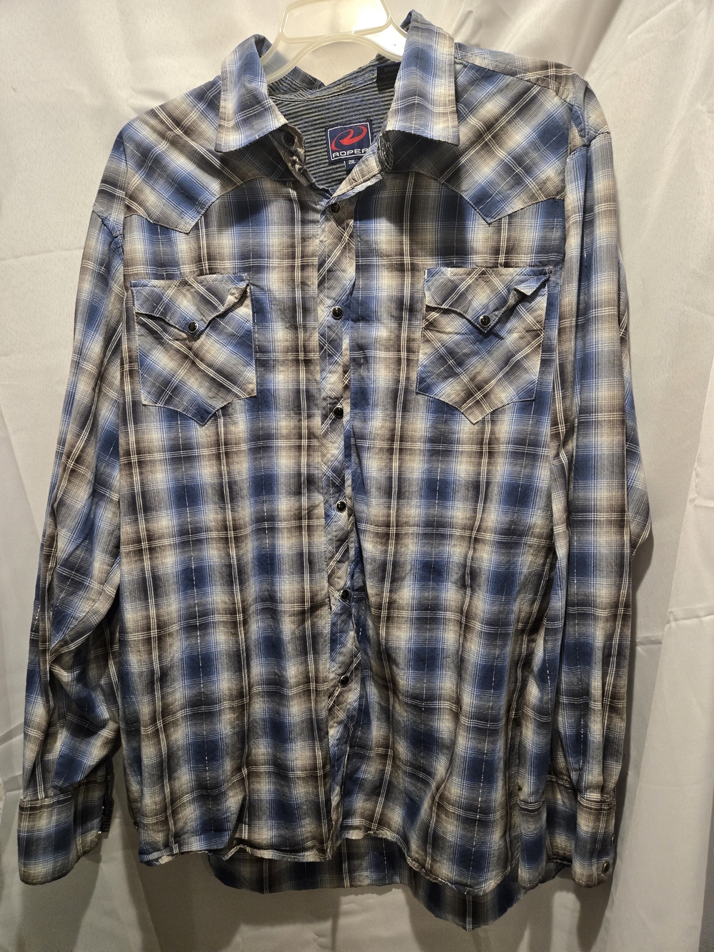 Roper Blue and Gray Plaid Western Button-Down Shirt
